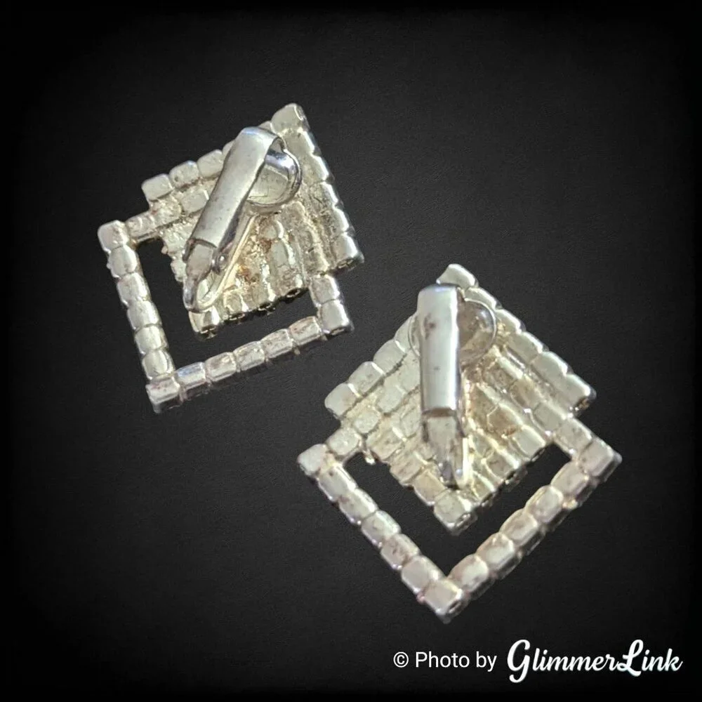 Vintage 70s Rhinestone Geometric Diamond Art Deco Style Clip On Earrings
